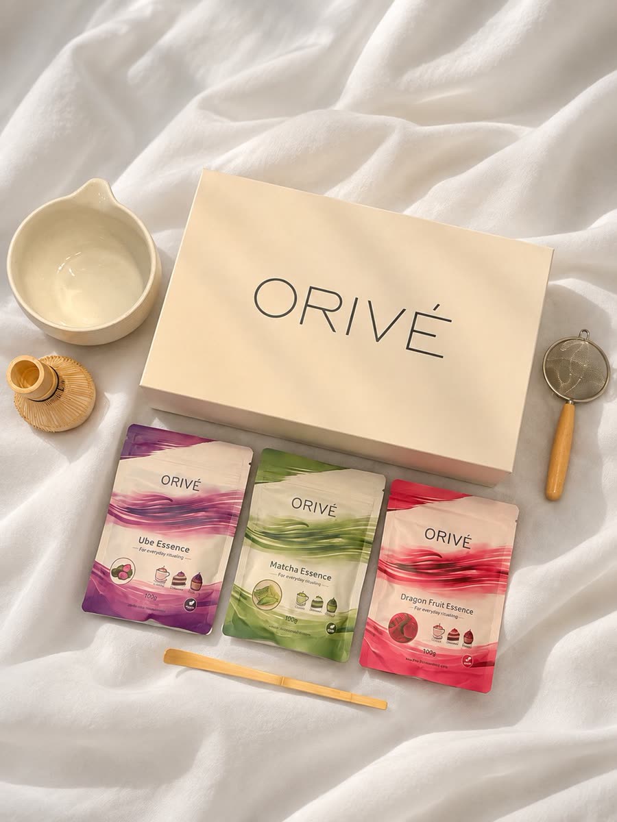 Orivé gift box with matcha, ube and dragon fruit pouches